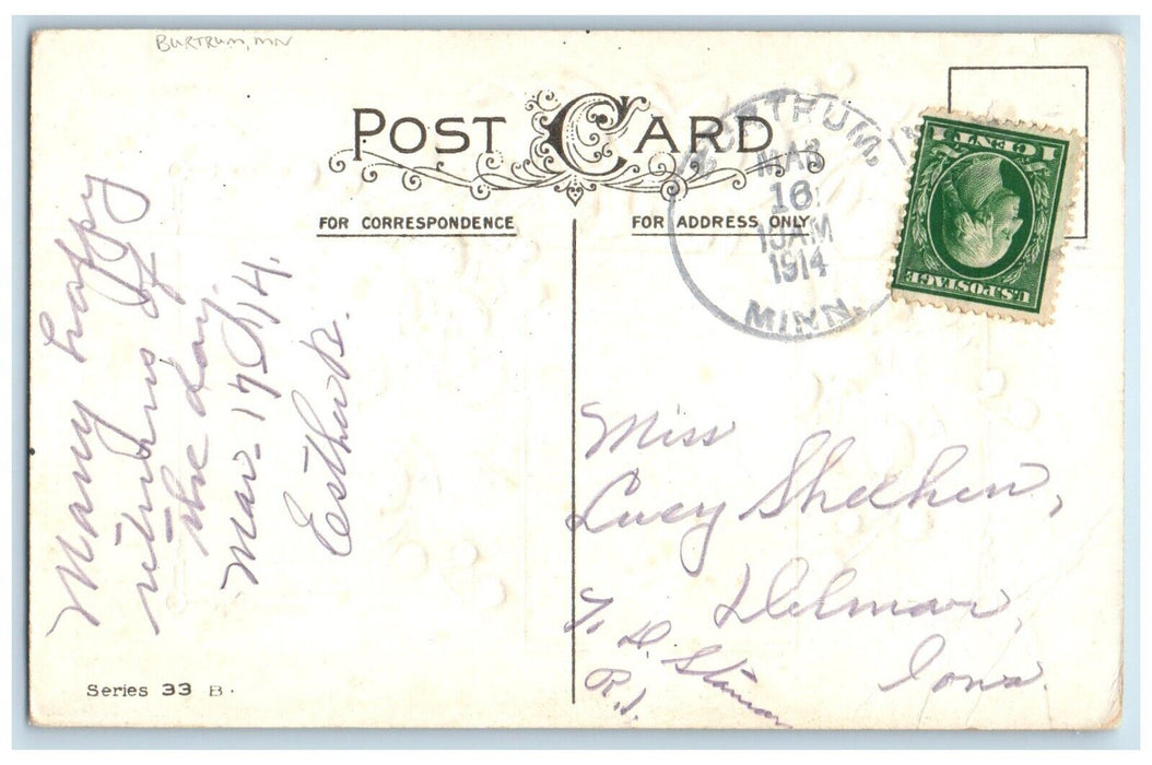 1914 Burtrum Minnesota MN Delmar Iowa IA 1 Cent Birthday Greetings Postcard