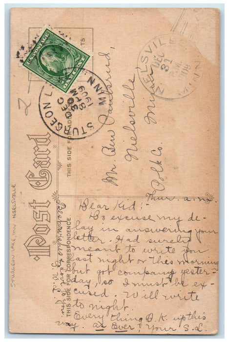 1909 Sturgeon Lake Minnesota MN To Nielsville Duplex Cancel 1 Cent Postcard