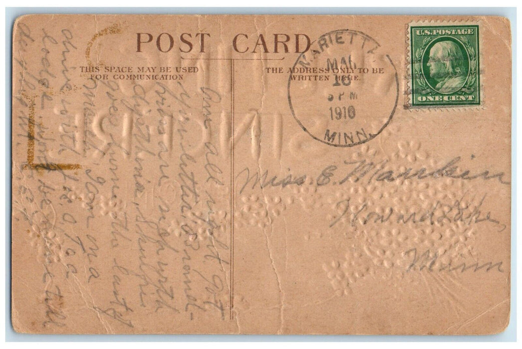 1910 Marietta Minnesota MN To Howard Lake Doane Cancel Greeting Sincere Postcard