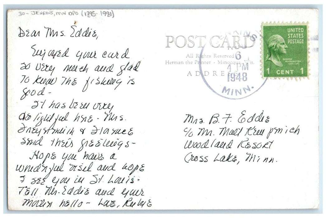 1948 Jenkins Minnesota MN To Cross Lake DPO 1895-1981 Doane Cancel Postcard