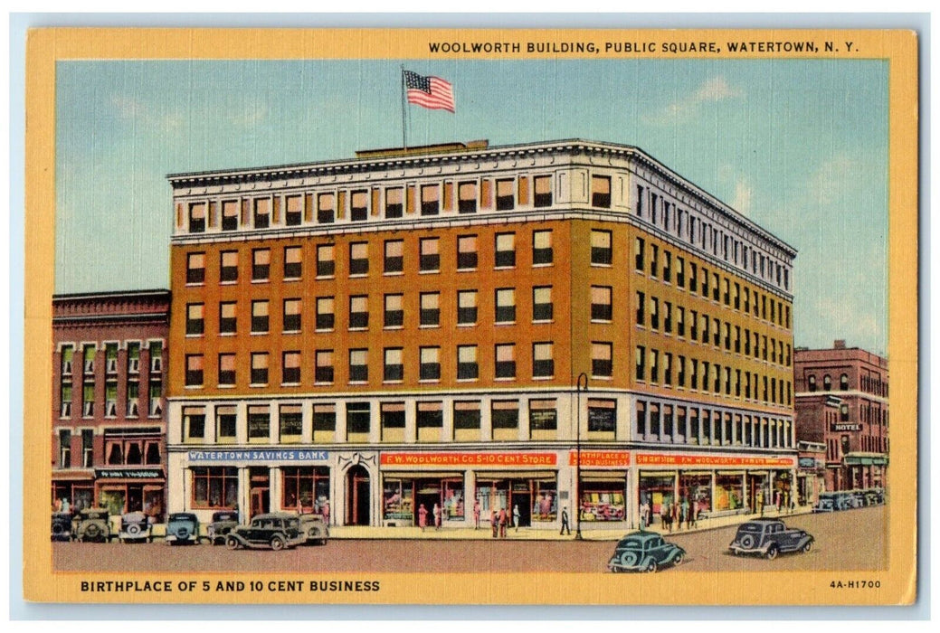 Woolworth Building Public Square Savings Bank Cars Hotel Watertown NY Postcard