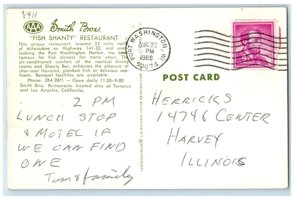 1966 Smith Bros Fish Shanty Restaurant Port Washington Wisconsin WI Postcard