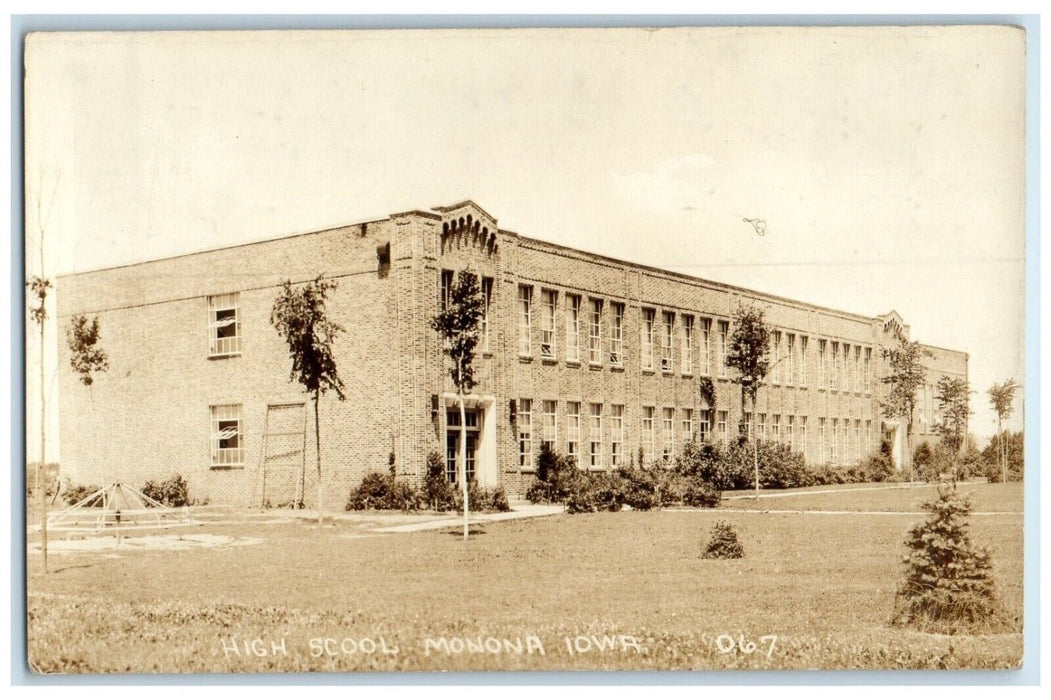 1931 High School Building Campus Monona Iowa IA RPPC Photo Vintage Postcard