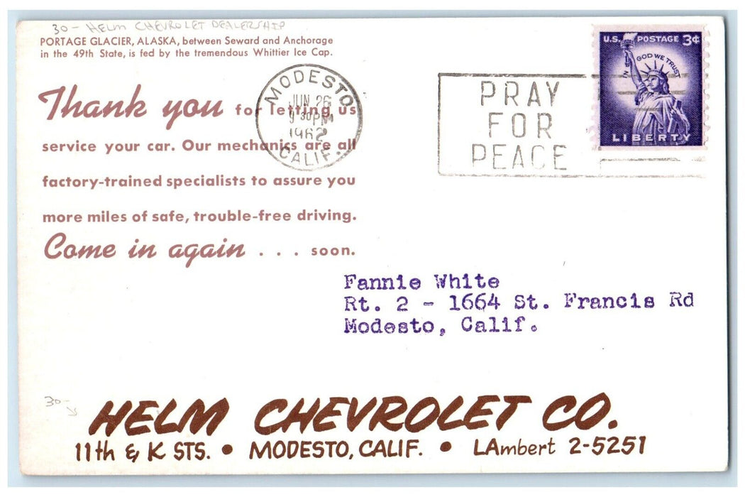 1962 Portage Glacier Alaska AK Helm Chevrolet Dealership Modesto CA Postcard