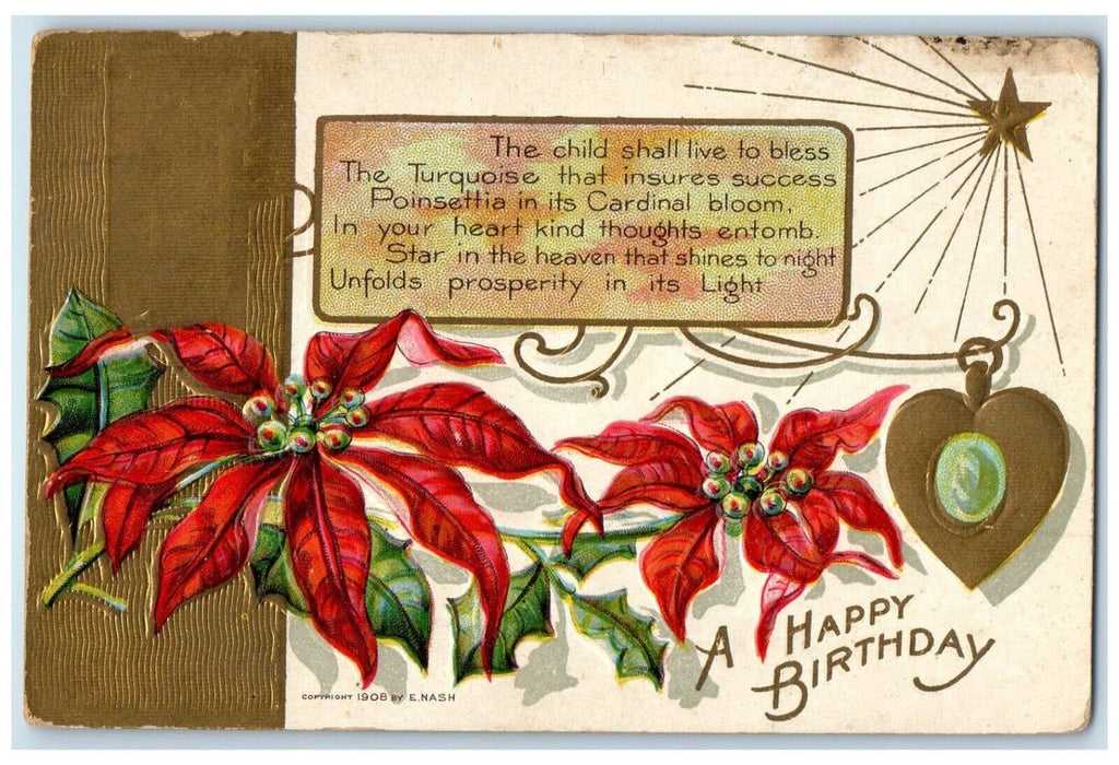 1910 Happy Birthday Poinsettia Flowers Nash Ardmore South Dakota SD Postcard