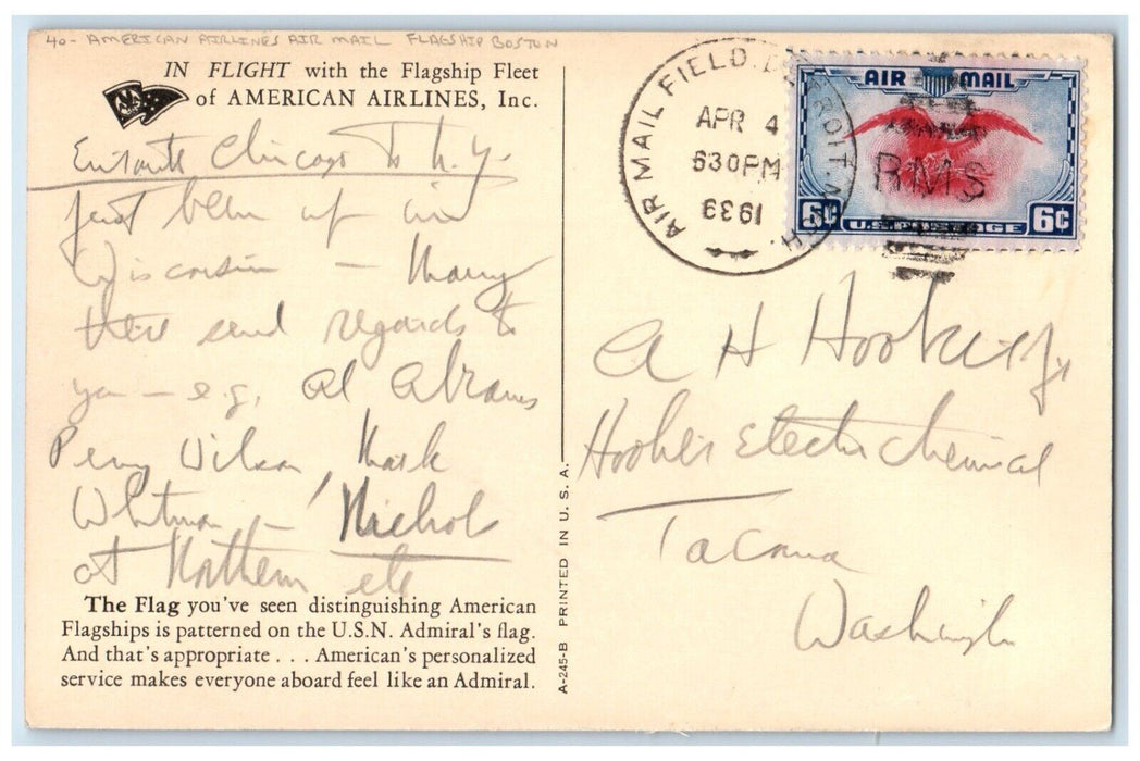 1939 American Airlines Air Mail Flagship Boston Detroit Michigan MI Postcard