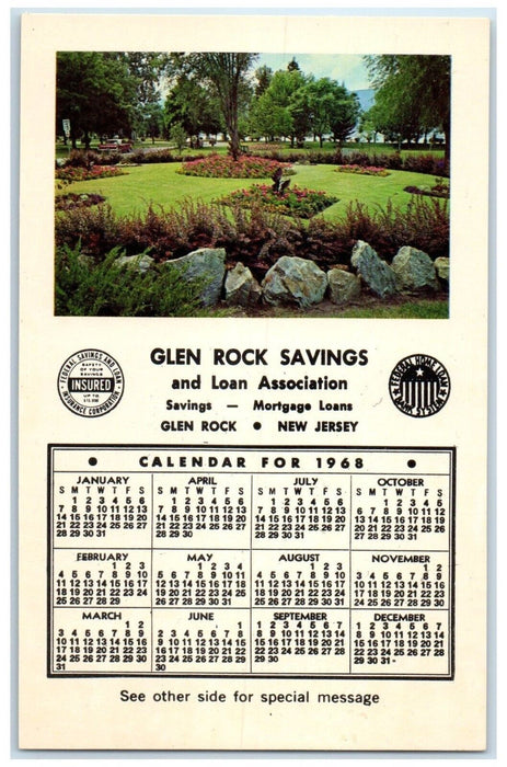c1960 Calendar Glen Rock Savings Loan Association Glen Rock New Jersey Postcard
