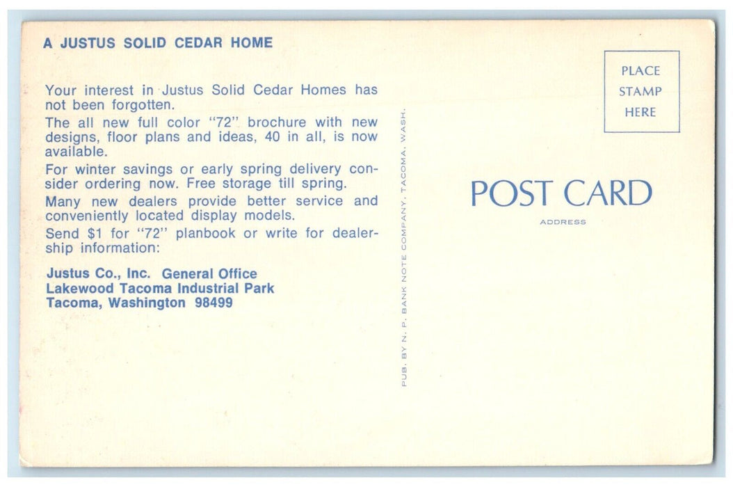 c1960 Exterior Justus Solid Cedar Home Advertising Tacoma Washington WA Postcard