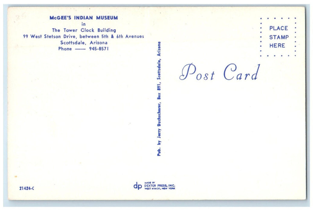 c1960 McGee Indian Museum Tower Clock Building Cars Scottsdale Arizona Postcard