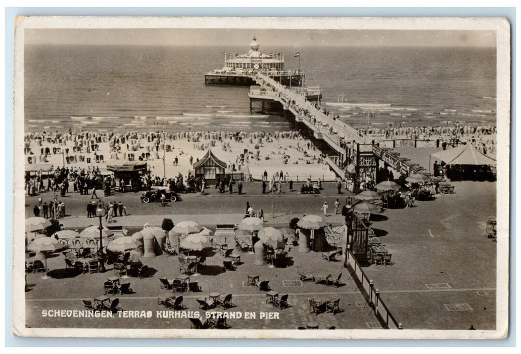 1937 Beach and Pier Terrace Kurhaus Scheveningen Netherlands RPPC Photo Postcard
