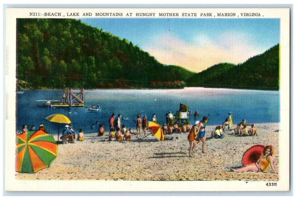 Beach Lake And Mountains At Hungry Mother State Park Marion Virginia VA Postcard