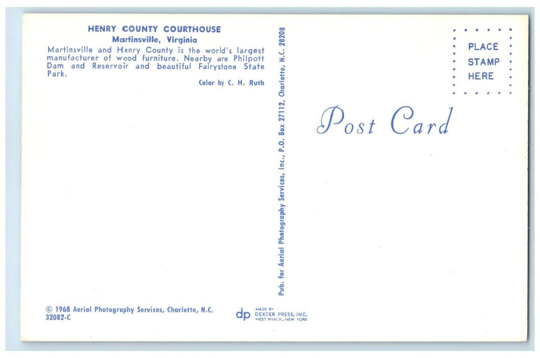 c1950's Henry County Court House Cannon Martinsville Virginia VA Postcard
