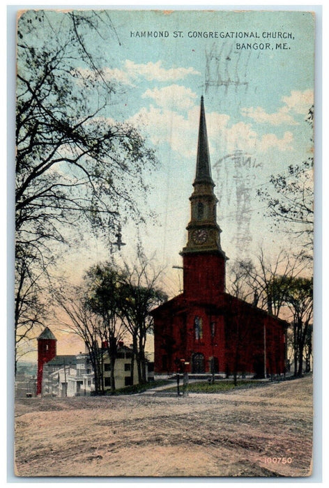 1916 Hammond St. Congregational Church Bangor Maine ME, Clock Tower Postcard