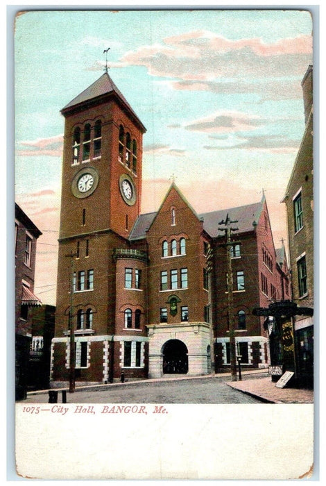 c1910's City Hall Building Street View Clock Tower Bangor Maine ME Postcard