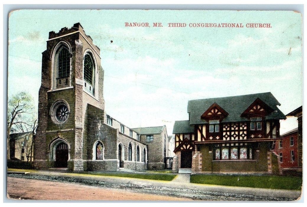 1908 Third Congregational Church Scene Street Bangor Maine ME Antique Postcard