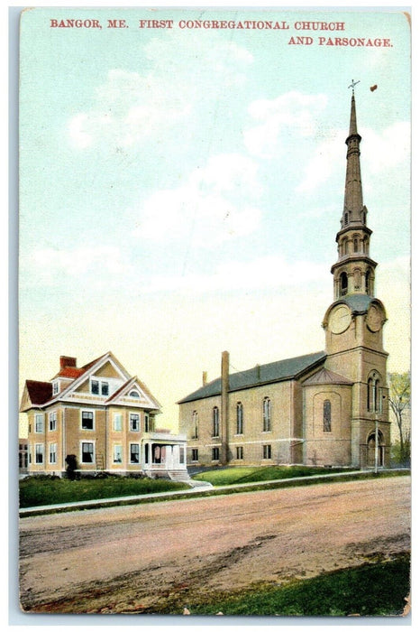 1911 First Congregational Church And Parsonage Bangor Maine ME Antique Postcard