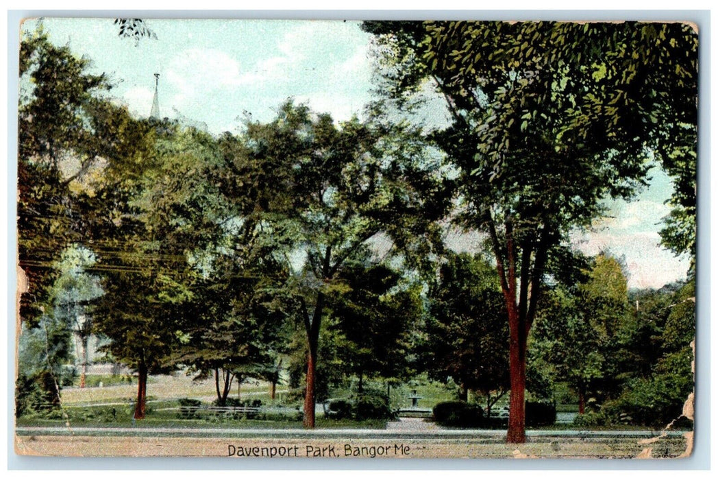 1909 Davenport Park Water Fountain And Trees Bangor Maine ME Antique Postcard