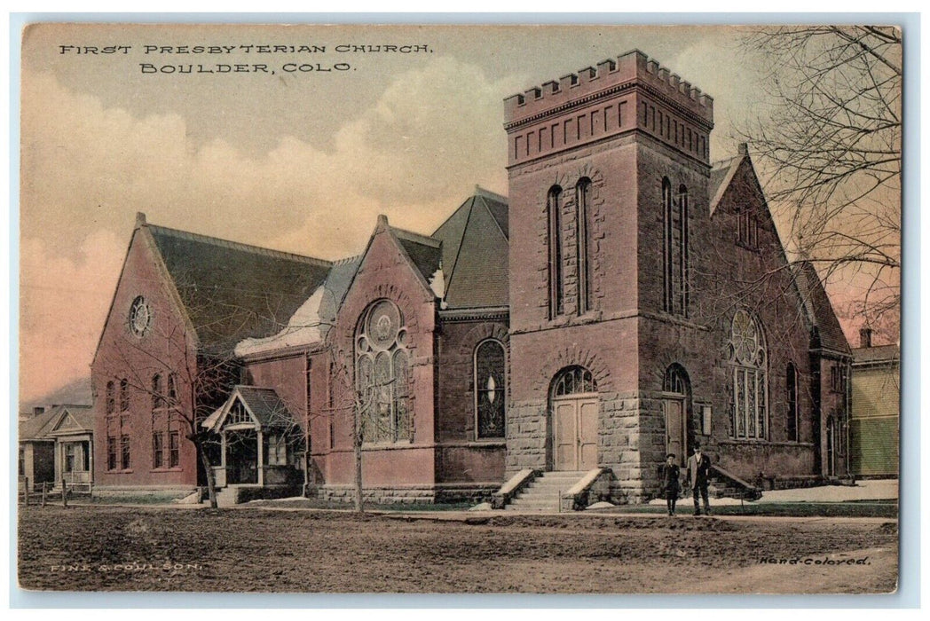 First Presbyterian Church Dirt Road Boulder Colorado CO Handcolored Postcard