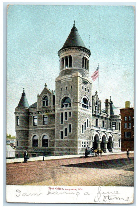 1905 Post Office Building Horse Carriage Scene Augusta Maine ME Antique Postcard