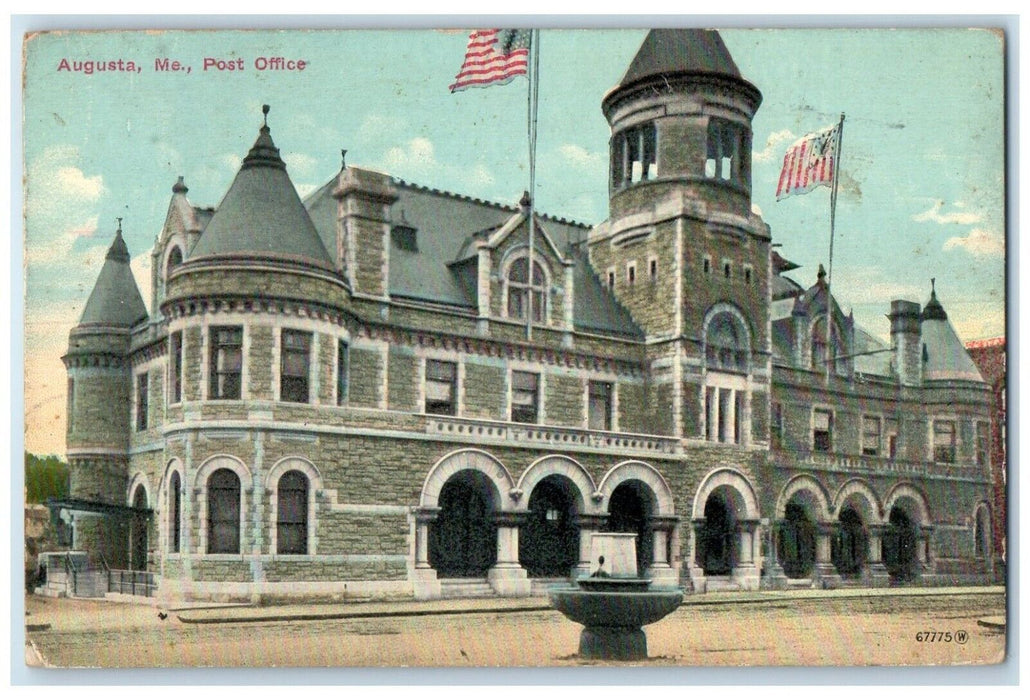 1912 Post Office Building Scene Street Augusta Maine ME Posted Antique Postcard