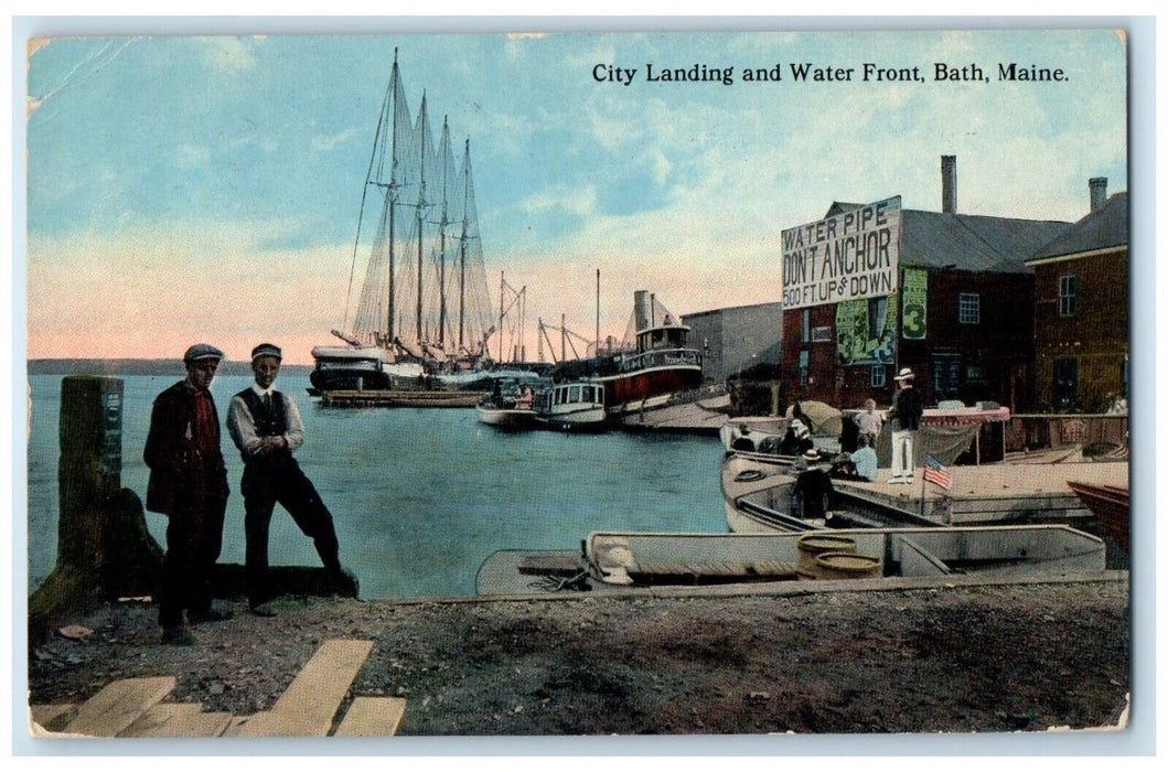 c1930's View Of City Landing And Water Front Bath Maine ME Vintage Postcard