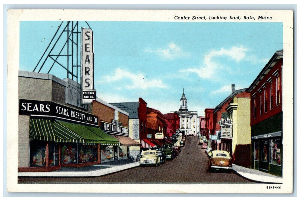 c1930's Center Street Looking East Sears Cars Bath Maine ME Vintage Postcard