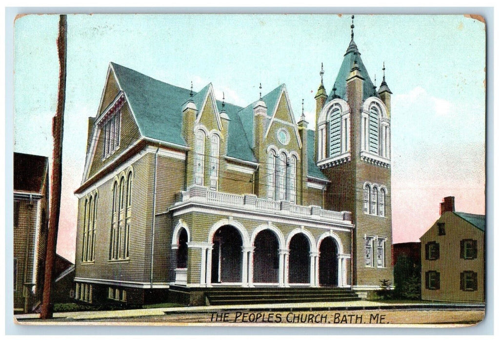 1909 The People's Church Scene Street Bath Brunswick Maine ME Antique Postcard