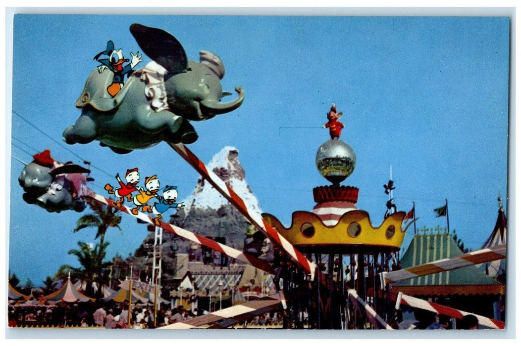 c1960 Flying Dumbo Donald Duck Huey Dewey Louie Disneyland Fantasyland Postcard