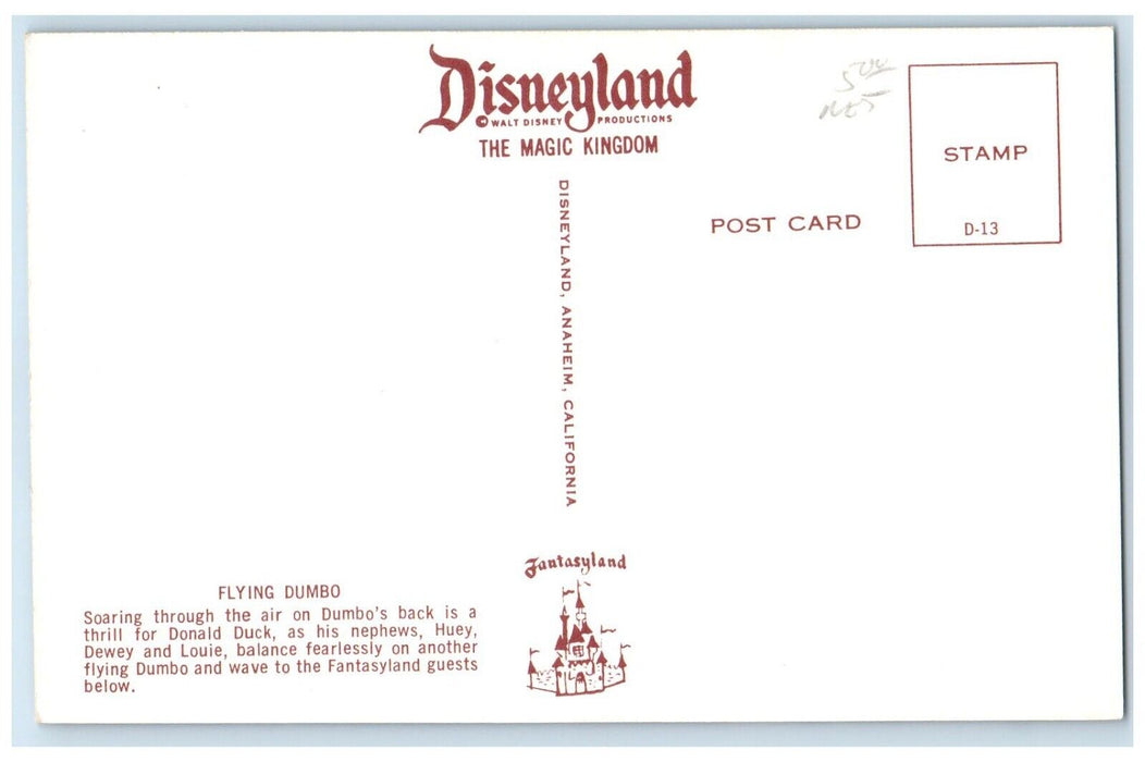 c1960 Flying Dumbo Donald Duck Huey Dewey Louie Disneyland Fantasyland Postcard