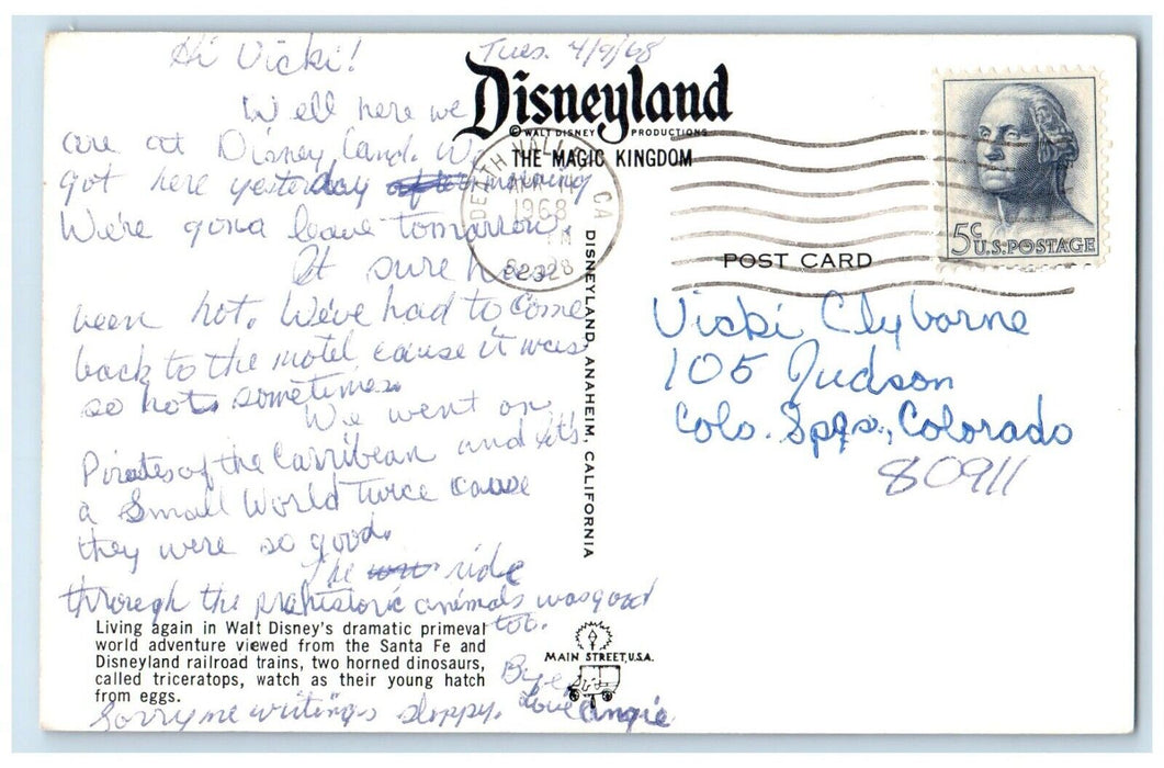 1968 Living Again Walt Disney Santa Fe Dino Railroad Trains Disneyland Postcard