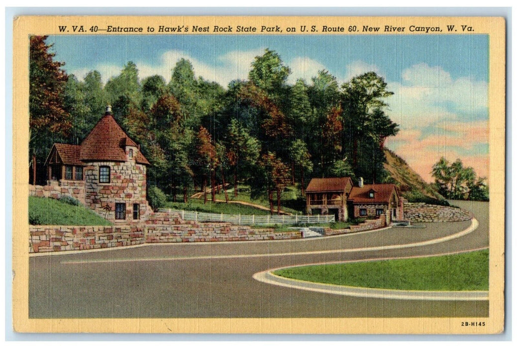 c1940 Entrance Hawk's Nest Rock State Park River Canyon West Virginia Postcard