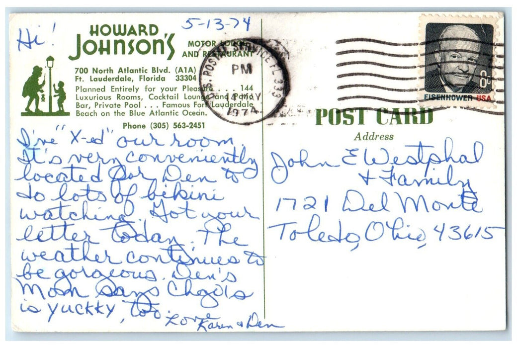 1974 Howard Johnson's Motor Lodge Restaurant Fort Lauderdale Florida FL Postcard