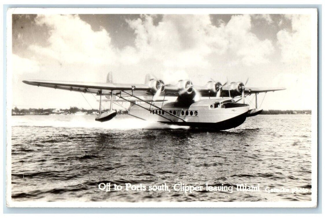 1938 Off To Ports South Clipper Leaving Miami Florida FL RPPC Photo Postcard