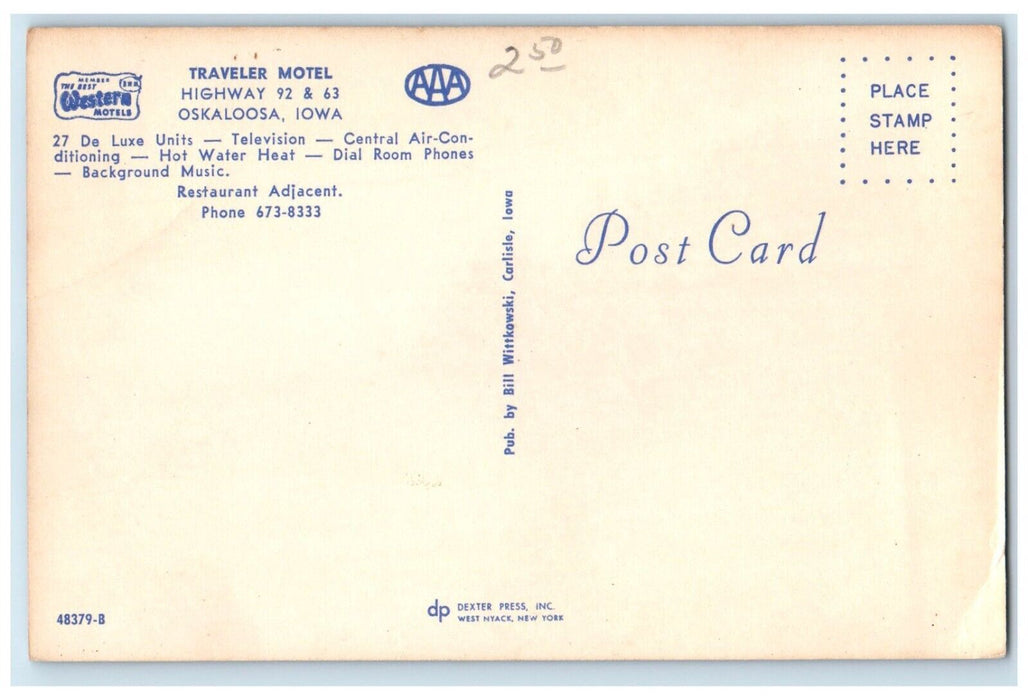 c1960 Traveler Motel Highway Restaurant Adjacent Western Oskaloosa Iowa Postcard