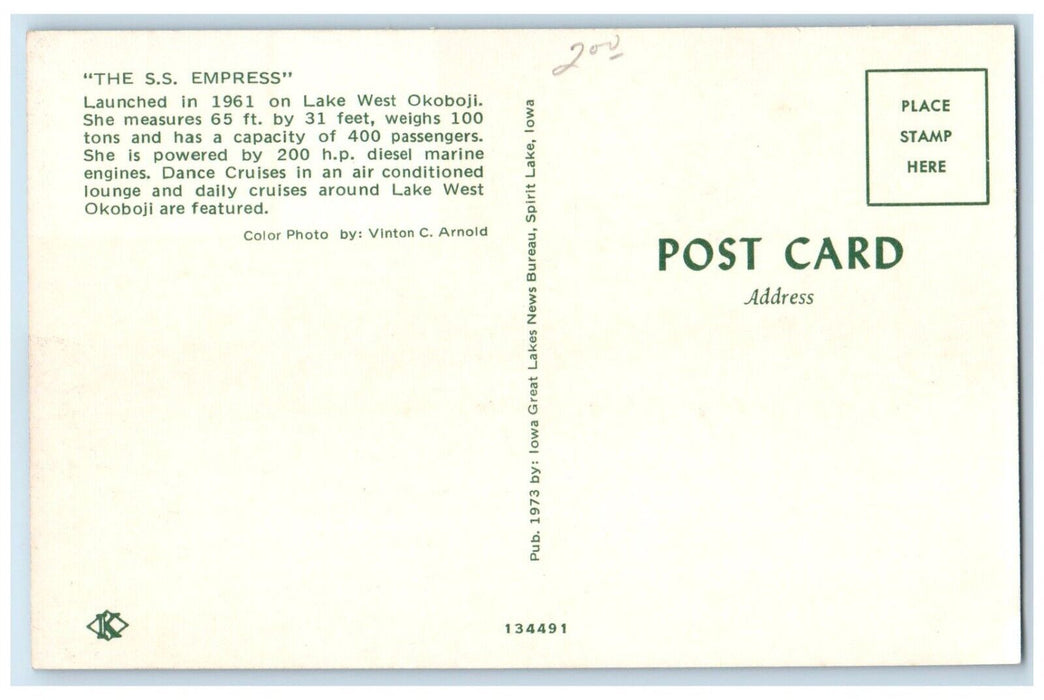 c1960 S.S. Empress Lake West Okoboji Cruises Lake West Marine Iowa IA Postcard
