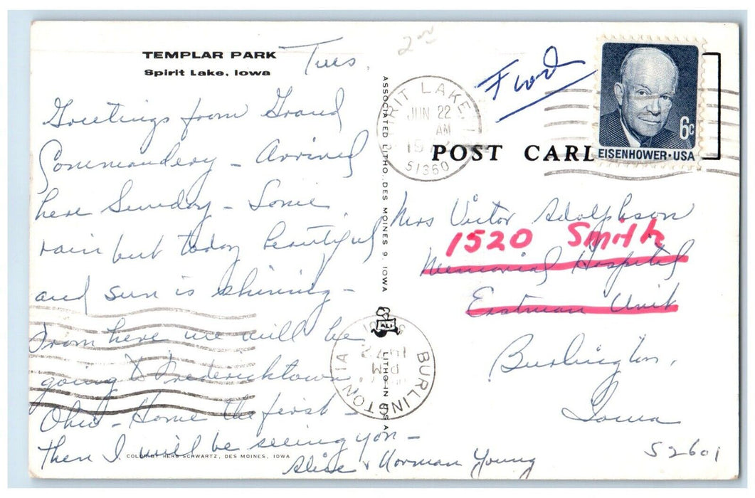 1972 Aerial View Field Templar Park Spirit Lake Iowa IA Vintage Antique Postcard