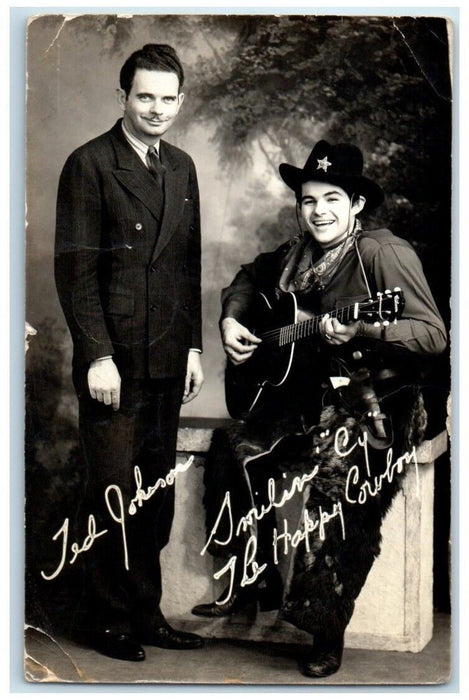 1939 Ted Johnson Smiling Cy The Happy Cowboy Guitar NE RPPC Photo Postcard