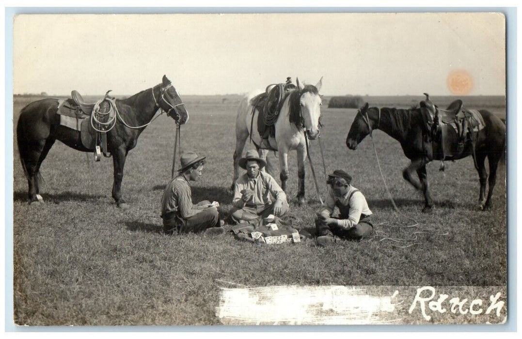 c1910's Cowboys Playing Poker Gambling Boy's Ranch Horses  RPPC Photo Postcard