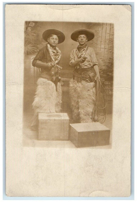 c1910's Boys Cowboy Costume Lasso Guns Studio Portrait RPPC Photo Postcard