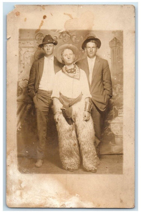 c1910's Boys Costumes Cowboy Studio Portrait Moonlight KS RPPC Photo Postcard