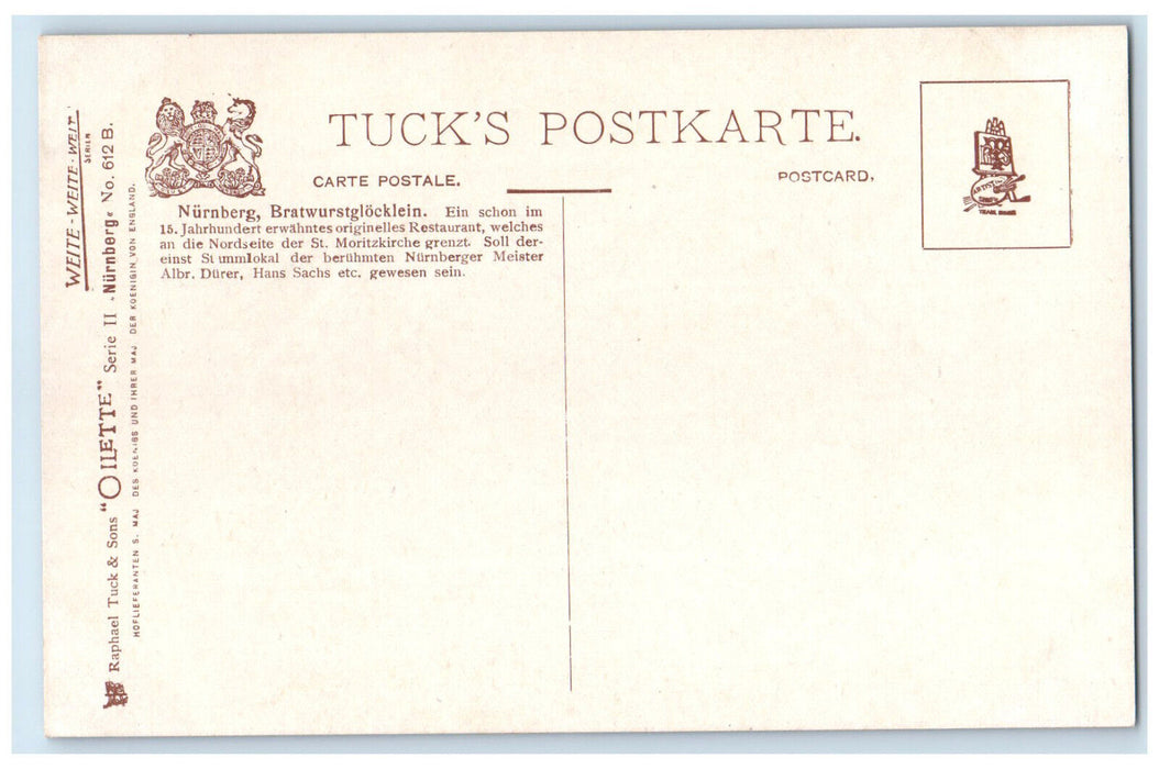 c1910 Bratwurstglocklein Nuremberg Germany Oilette Tuck Art Postcard