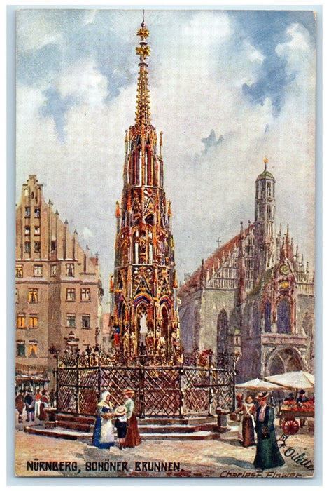 c1910 Beautiful Fountain Nuremberg Germany Oilette Tuck Art Postcard