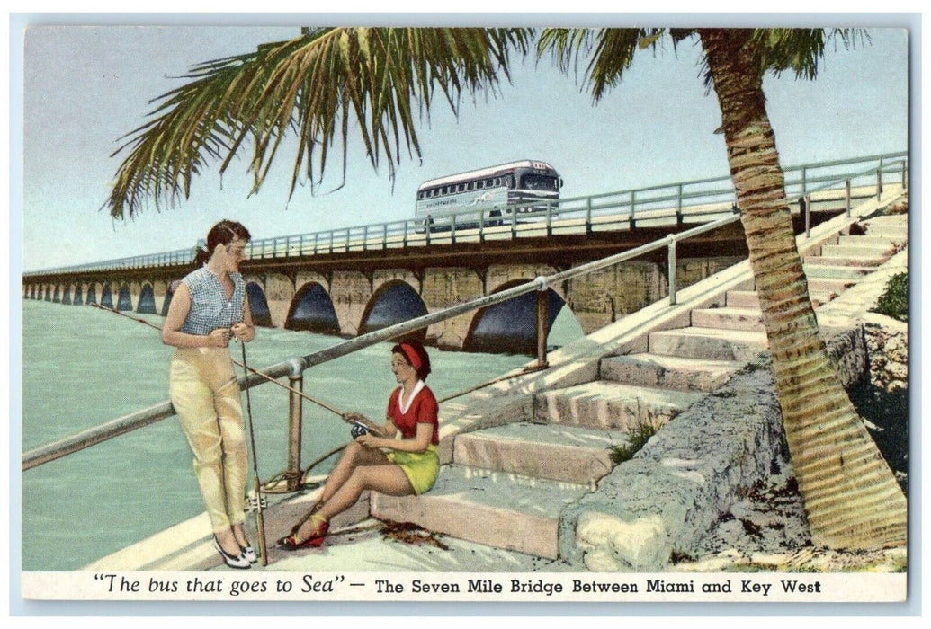 c1940 Bus That Goes Sea Seven Mile Bridge Tropic Miami Key West Florida Postcard