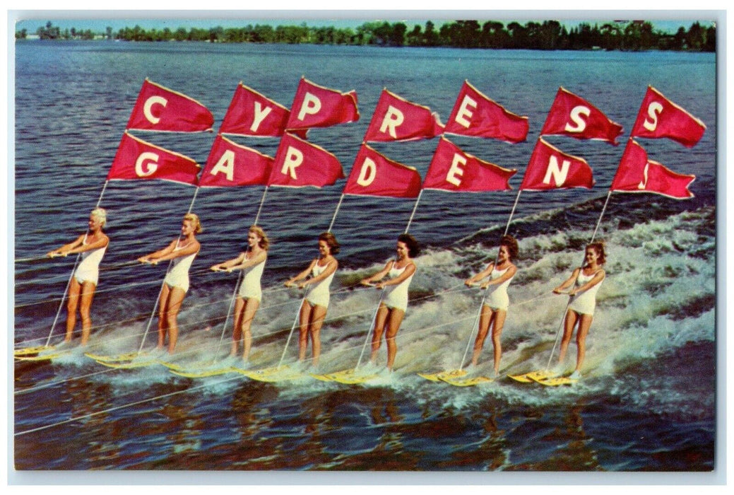 c1960 Cypress Gardens Florida Water Ski Show Pennant Parade Aquamaids Postcard