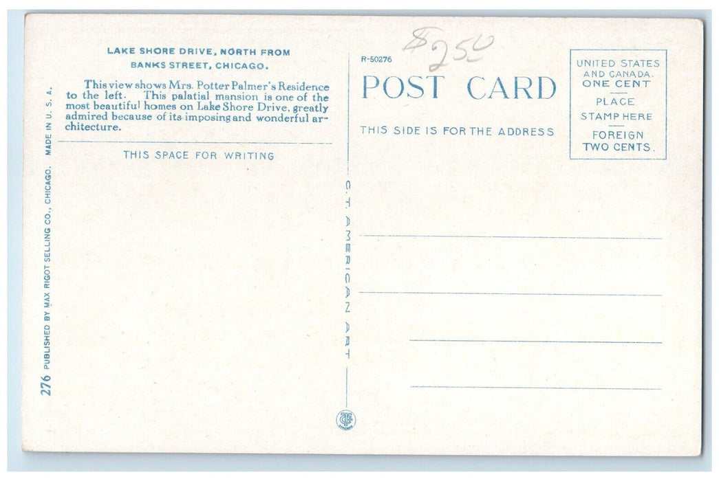 1920 Lake Shore Drive North Banks Street Potter Palmer Chicago Illinois Postcard