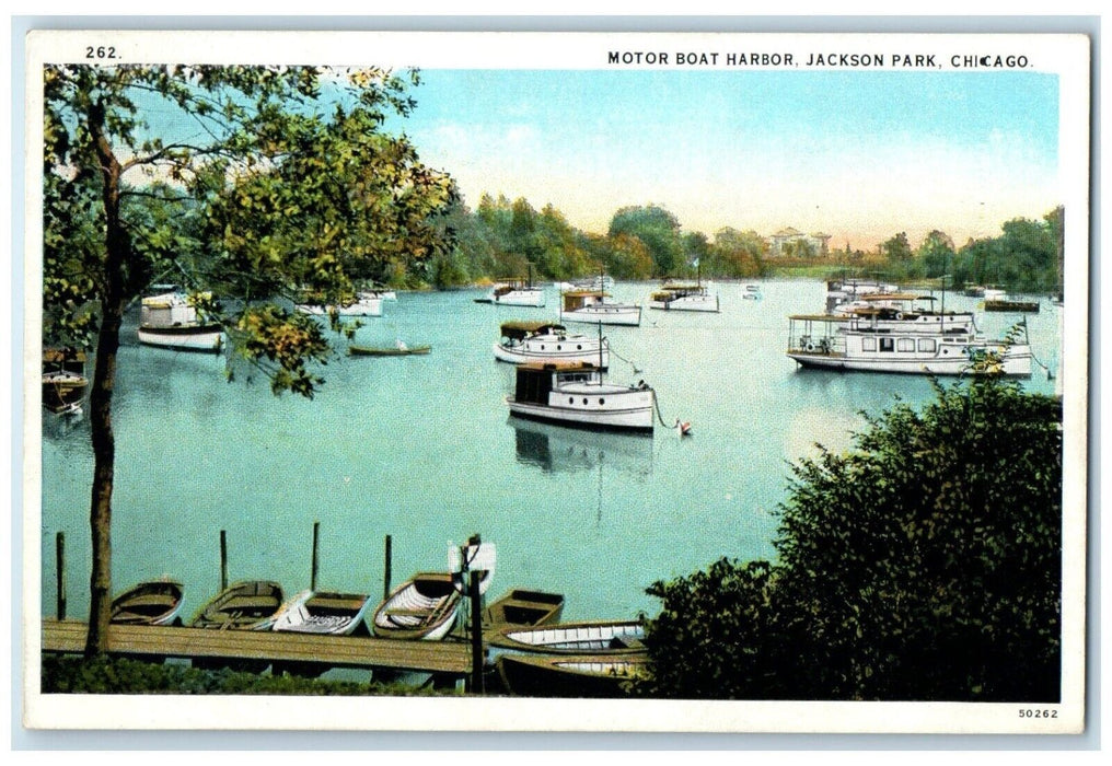 c1930 Motor Boat Harbor Jackson Park Canoe River Lake Chicago Illinois Postcard