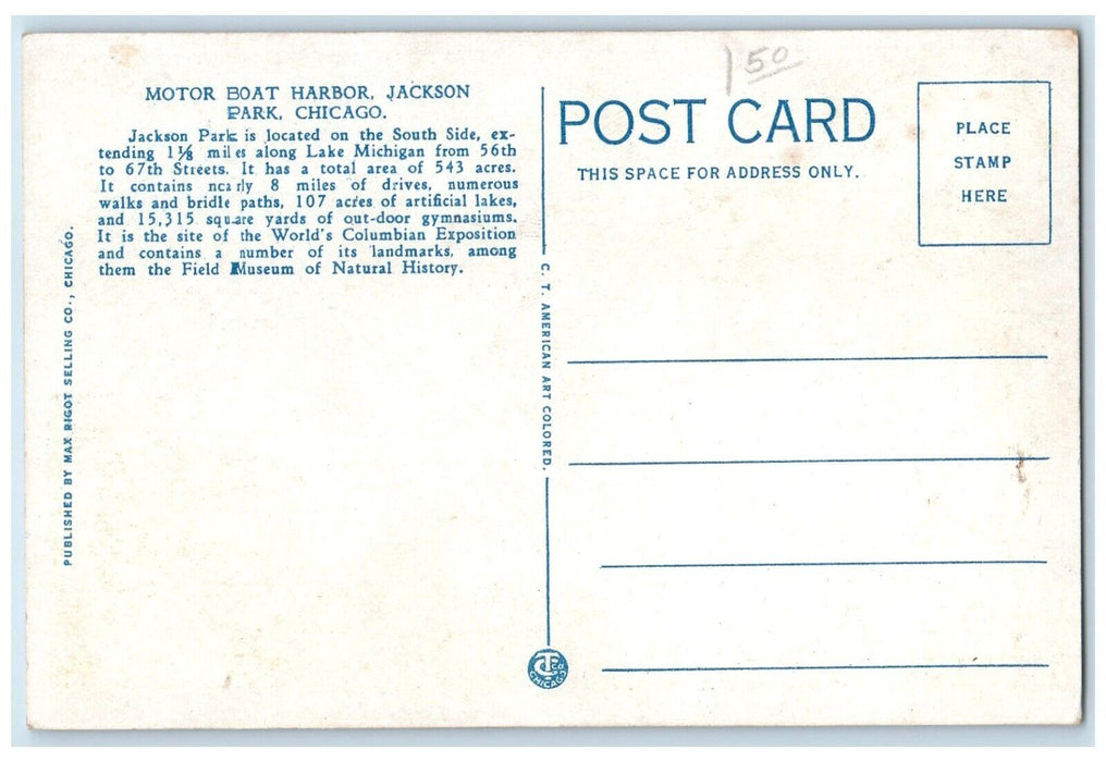 c1930 Motor Boat Harbor Jackson Park Canoe River Lake Chicago Illinois Postcard