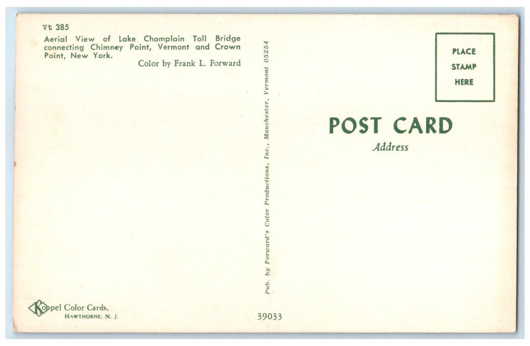 c1960 Aerial View Lake Champlain Toll Bridge Chimney Point New York NY Postcard