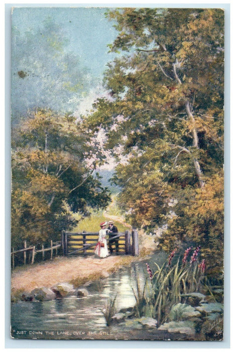 c1910 Just Down Lane Over The Stile Illustrated Songs Oilette Tuck Art Postcard