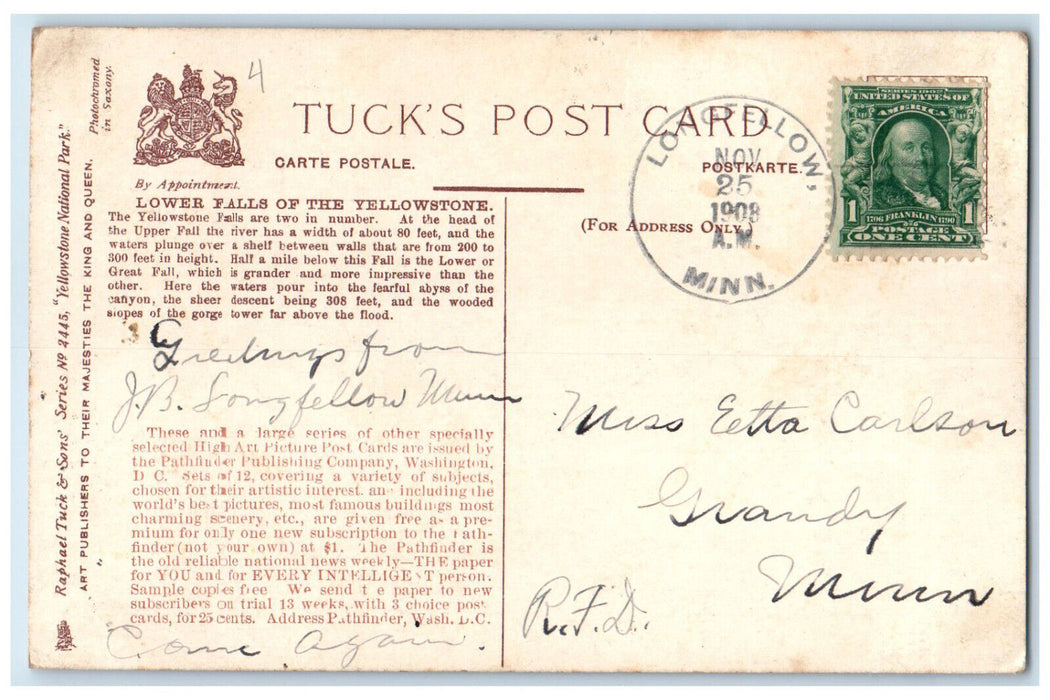 1908 Lower Falls Yellowstone National Park MT Longfellow MN Tuck Art Postcard